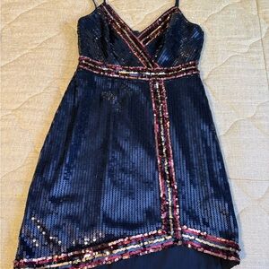 Navy Sequin Party Dress with Multicolor Trim
